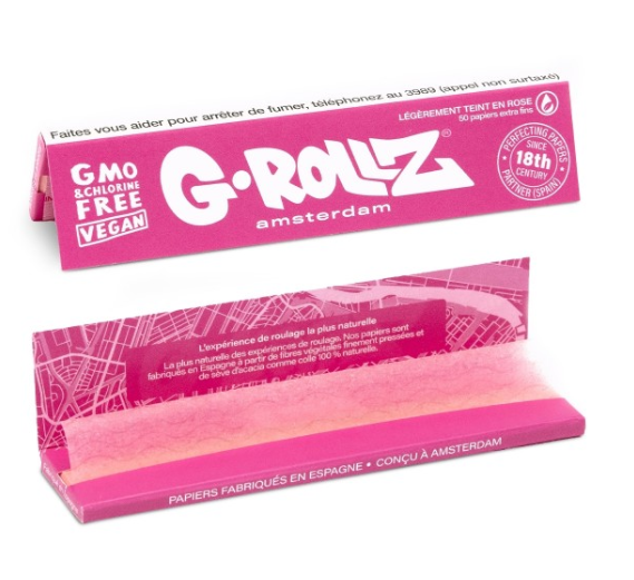 Feuilles G-Rollz Pink King Size Slim x50 — papier légèrement teinté rose, fibres végétales bio sans chlore