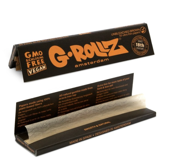 Feuilles G-Rollz Unbleached Brown King Size Slim x50 — papier brun non blanchi fibres végétales, gomme acacia