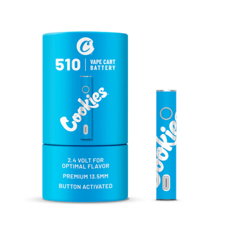Batterie Vape Cookies 510 bleue 2.4V — stylo CBD compatible cartouches universel, design Cali iconique