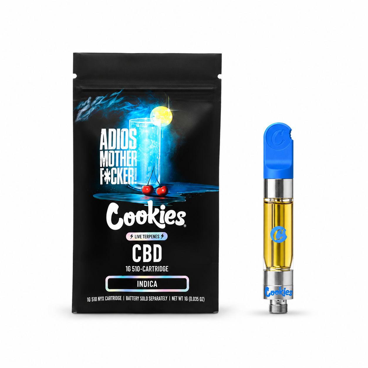 Cartridge CBD Cookies AMF 1g 510 — distillat live terpenes baies noires bleuets gassy, Indica The Spot